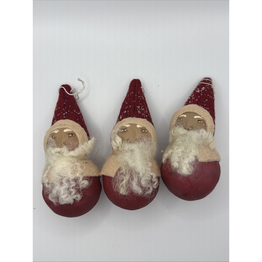 Set of 3 Hand Crafted Paper Mache Santa Painted Felt 5" Ornament Folk Art 2004